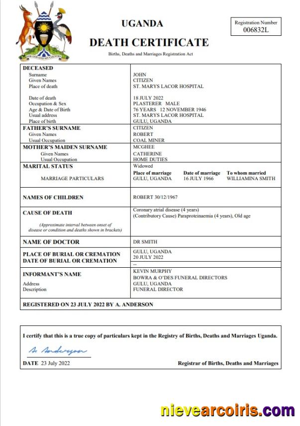 Uganda vital record death certificate